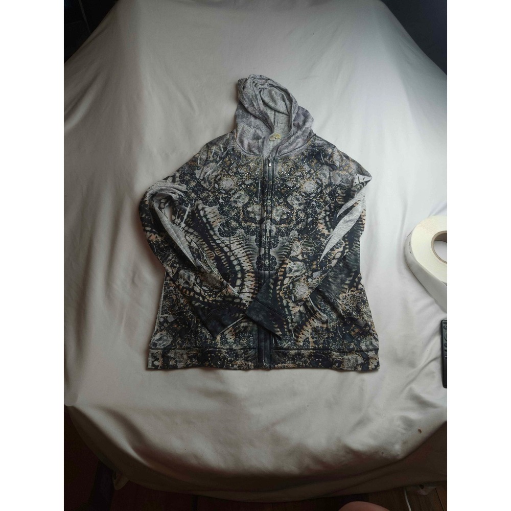 One World Live and Let Live Zip Up Hoodie Rhinestone Boho Print Grey Large